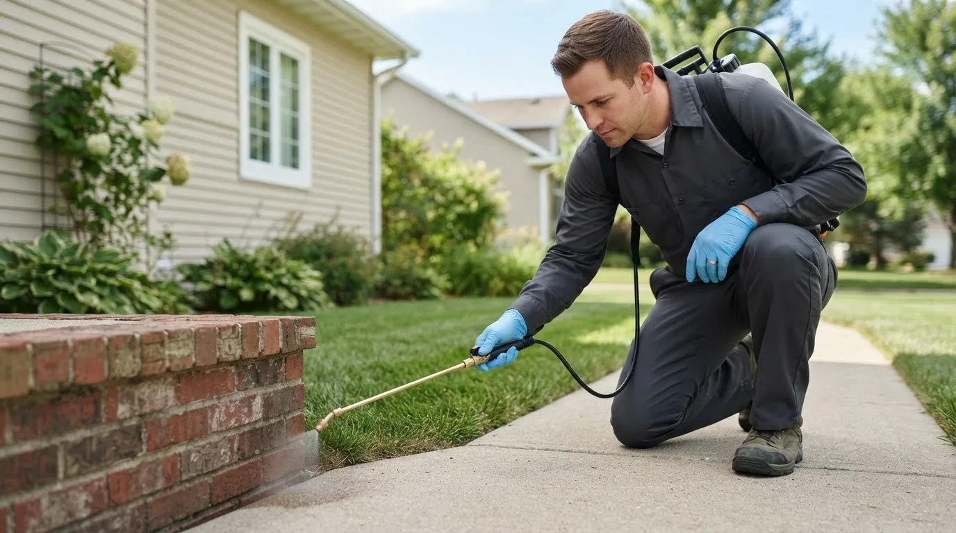 Pest control technician treating a home near North Henderson, IL