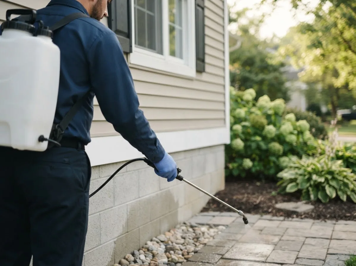 Pest control technician inspecting a home in North Henderson, IL